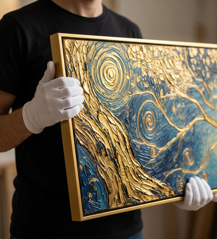 Art handler presenting Tree of Dreams large-format original painting