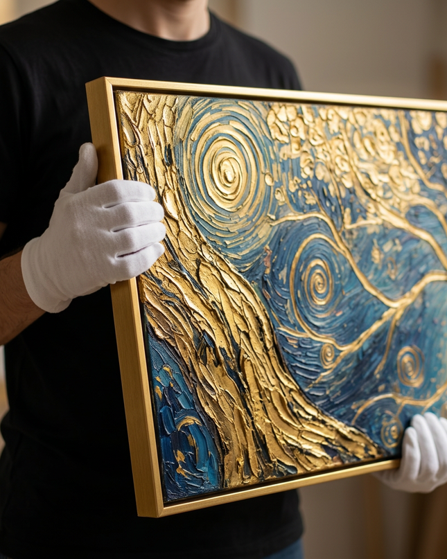Art handler presenting Tree of Dreams large-format original painting