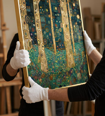 Art handler presenting Mystic Woodland large-format original painting