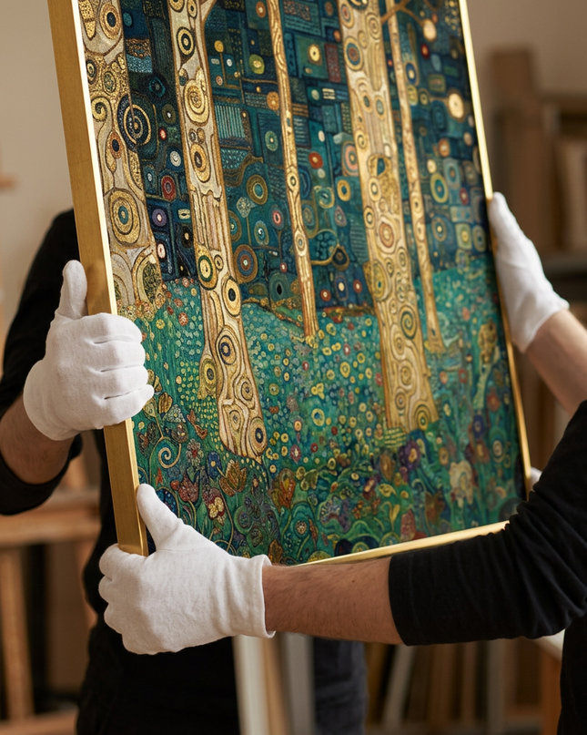 Art handler presenting Mystic Woodland large-format original painting