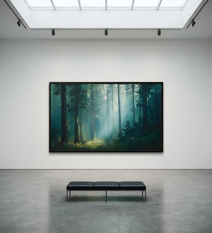 Joy Among Trees hand-painted landscape painting displayed in a gallery-style space with a large wall