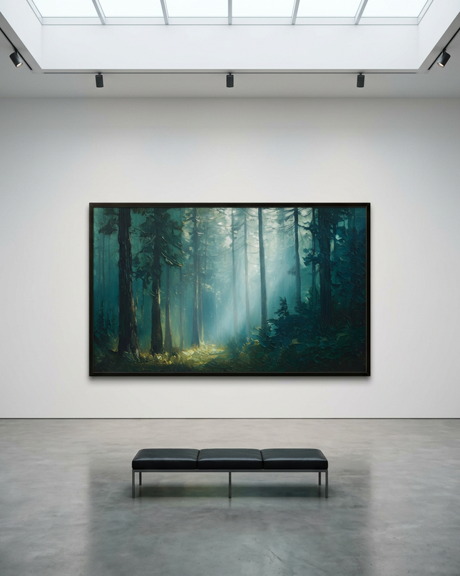 Joy Among Trees hand-painted landscape painting displayed in a gallery-style space with a large wall