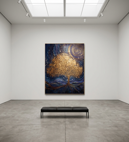 Roots of the Universe hand-painted landscape painting displayed in a gallery-style space with a large wall