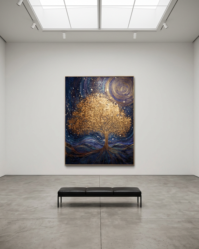 Roots of the Universe hand-painted landscape painting displayed in a gallery-style space with a large wall