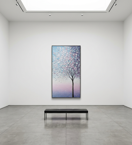 Lavender Petals hand-painted landscape painting displayed in a gallery-style space with a large wall