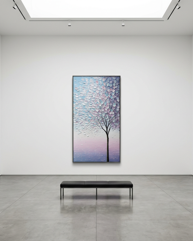Lavender Petals hand-painted landscape painting displayed in a gallery-style space with a large wall