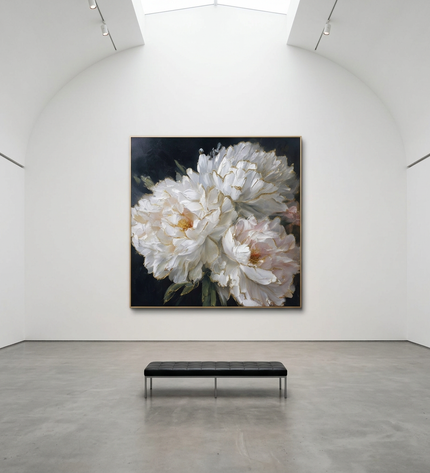 Golden Edge Blooms hand-painted floral painting displayed in a gallery-style space with a large wall
