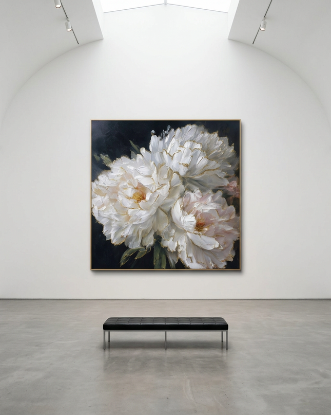 Golden Edge Blooms hand-painted floral painting displayed in a gallery-style space with a large wall