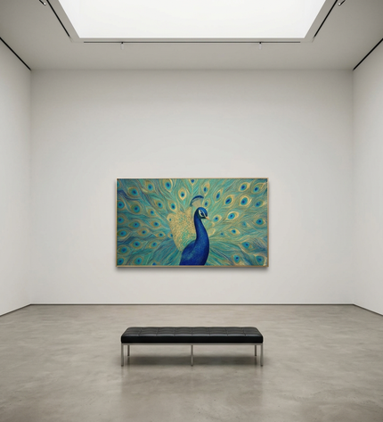 Feathers of Fortune hand-painted figurative painting displayed in a gallery-style space with a large wall