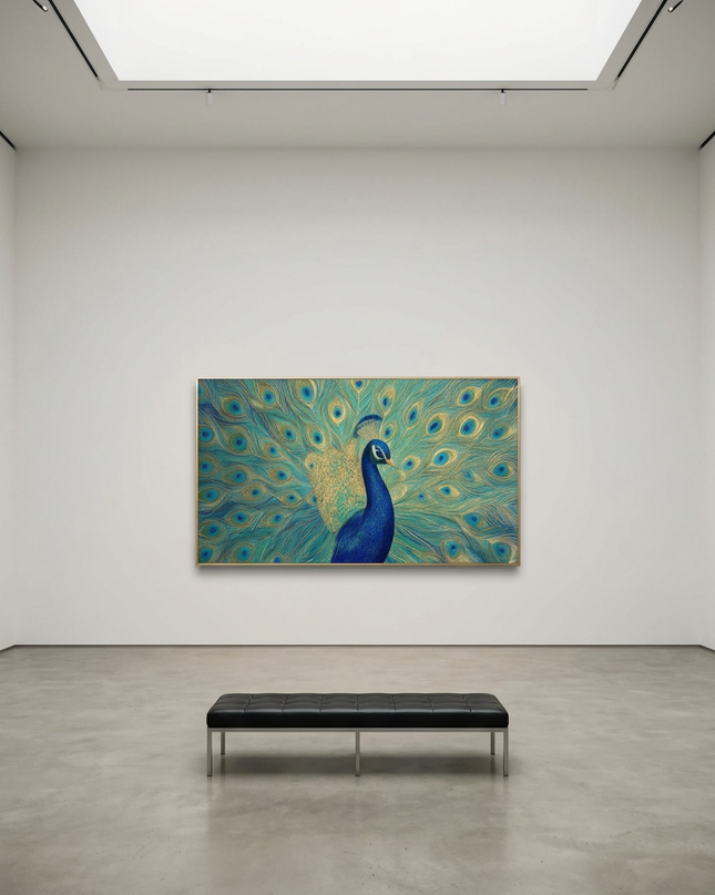 Feathers of Fortune hand-painted figurative painting displayed in a gallery-style space with a large wall
