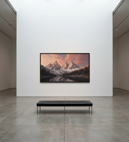 Sunset Summits hand-painted landscape painting displayed in a gallery-style space with a large wall