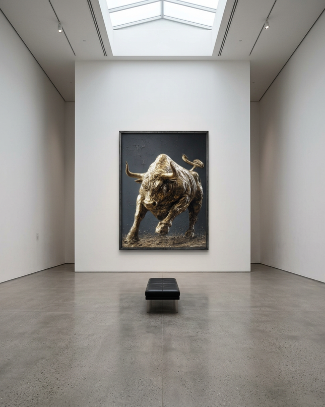 Wealth Stampede hand-painted figurative painting displayed in a gallery-style space with a large wall