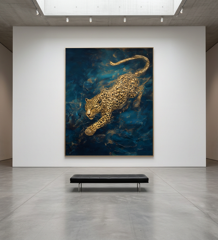 Goldstrike hand-painted floral painting displayed in a gallery-style space with a large wall