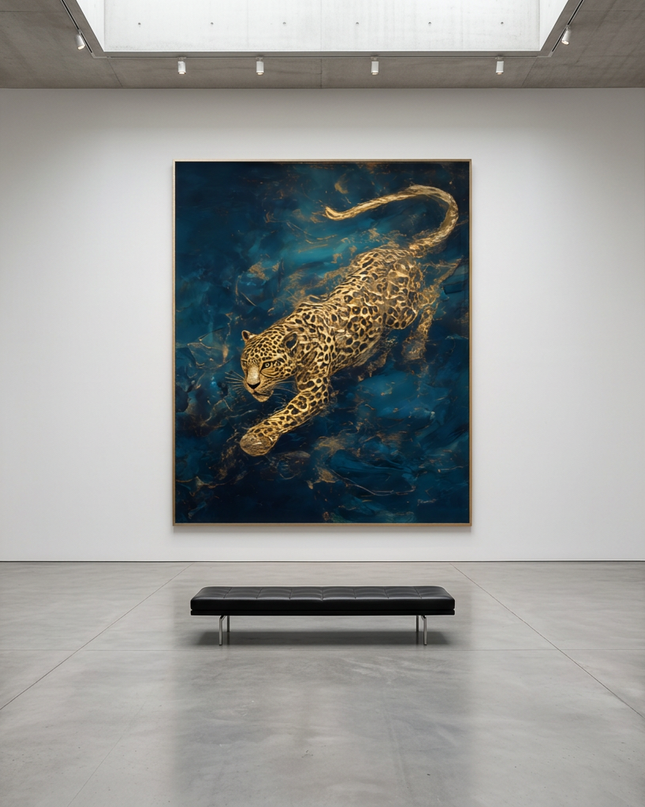 Goldstrike hand-painted floral painting displayed in a gallery-style space with a large wall