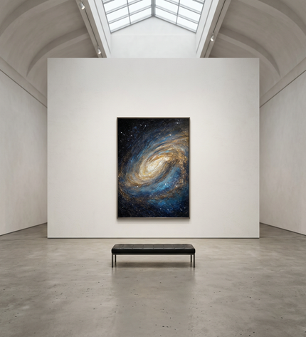Nebula of Light hand-painted landscape painting displayed in a gallery-style space with a large wall
