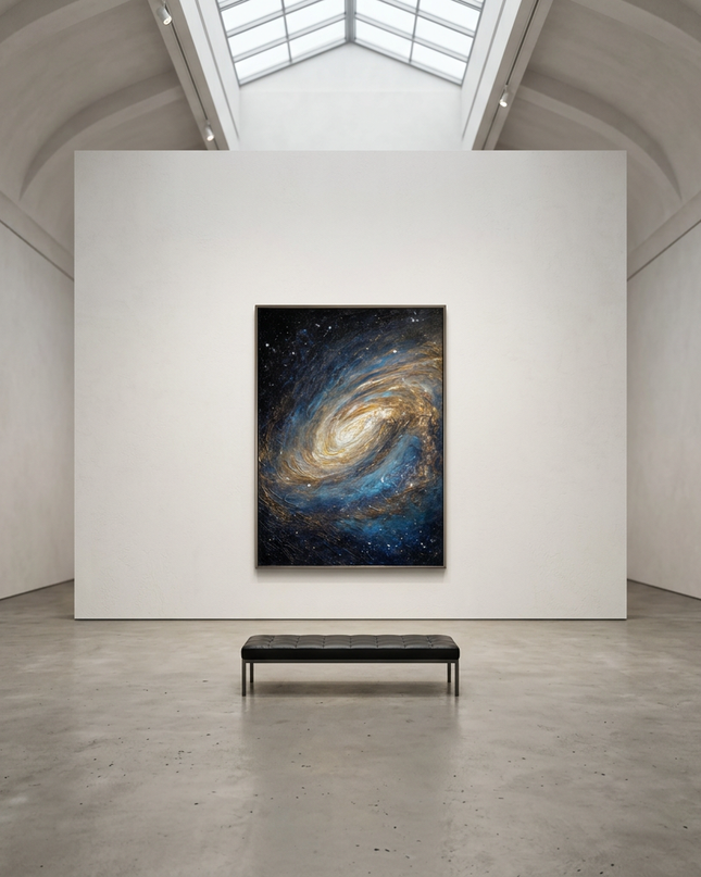 Nebula of Light hand-painted landscape painting displayed in a gallery-style space with a large wall