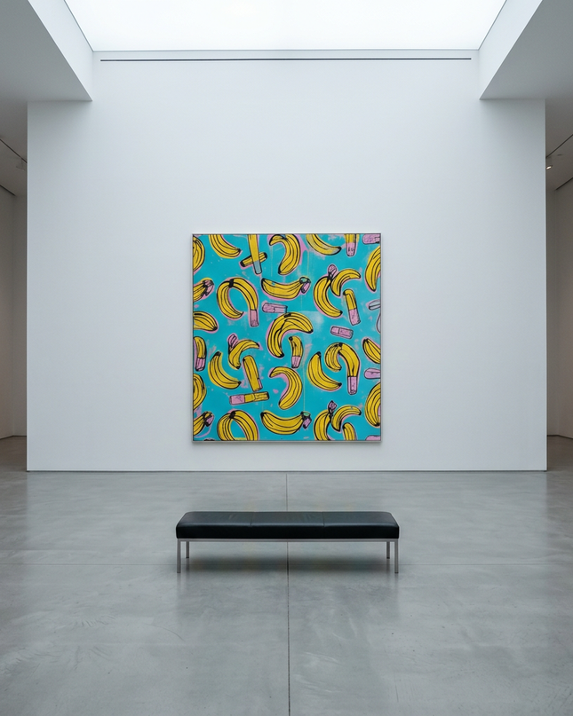 Banana Crush hand-painted figurative painting displayed in a gallery-style space with a large wall