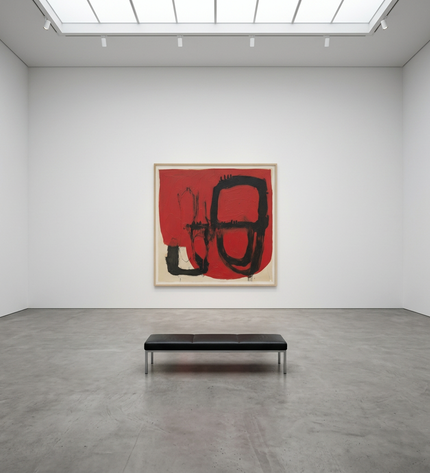 Ceremonial Forms hand-painted abstract painting displayed in a gallery-style space with a large wall