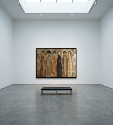 The Imperial Gathering hand-painted figurative painting displayed in a gallery-style space with a large wall