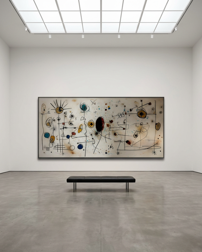 Echoes in Space hand-painted abstract painting displayed in a gallery-style space with a large wall