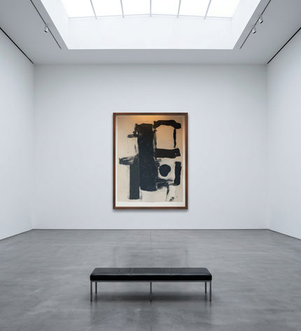 Monochrome Balance hand-painted abstract painting displayed in a gallery-style space with a large wall