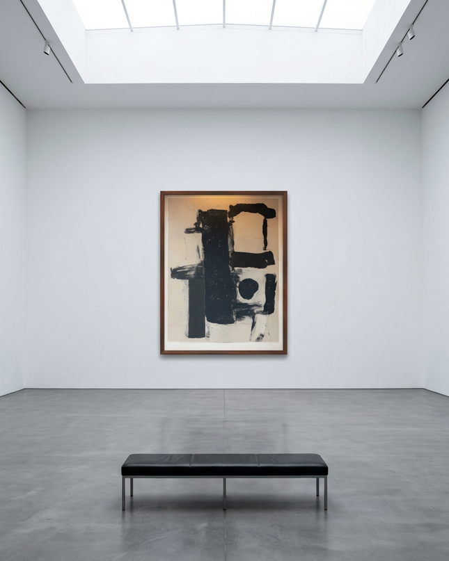 Monochrome Balance hand-painted abstract painting displayed in a gallery-style space with a large wall