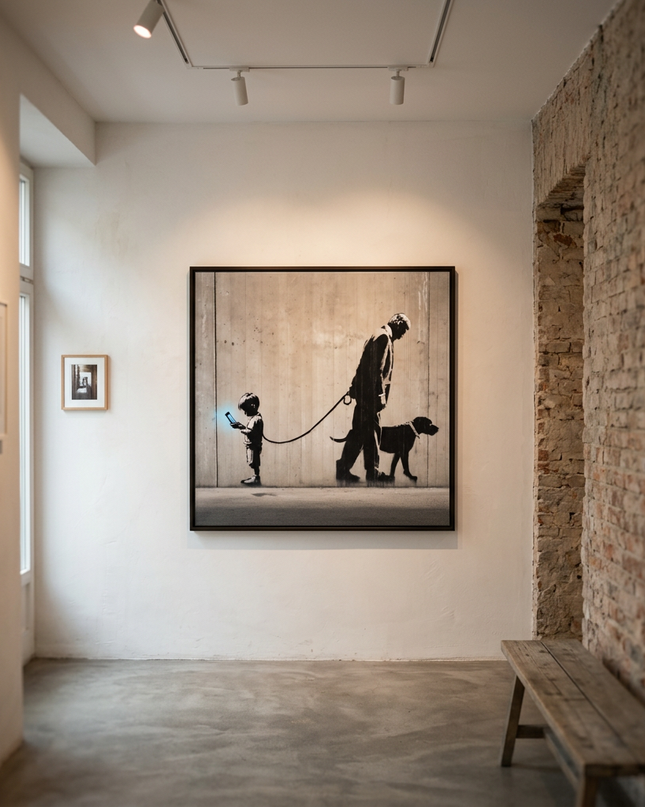 Digital Dependency original canvas artwork displayed in a contemporary gallery setting