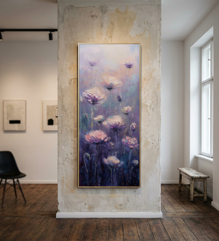 Lilac Serenade original canvas artwork displayed in a contemporary gallery setting