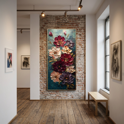 Moonlit Bouquet original canvas artwork displayed in a contemporary gallery setting
