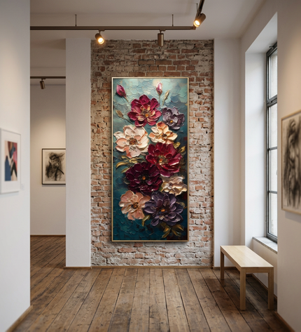 Moonlit Bouquet original canvas artwork displayed in a contemporary gallery setting