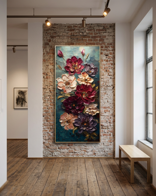 Moonlit Bouquet original canvas artwork displayed in a contemporary gallery setting