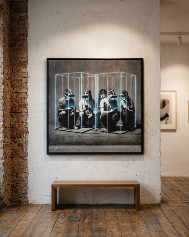 Pixel Cage original canvas artwork displayed in a contemporary gallery setting
