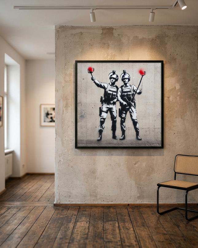 Selfie Squad original canvas artwork displayed in a contemporary gallery setting