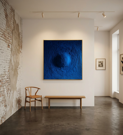 Blue Abyss original canvas artwork displayed in a contemporary gallery setting