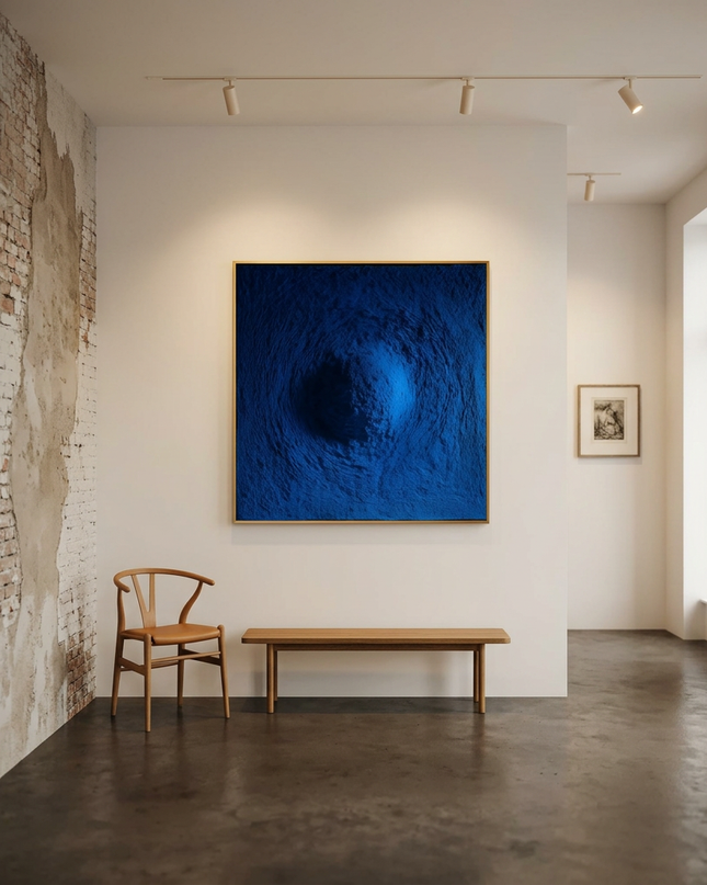 Blue Abyss original canvas artwork displayed in a contemporary gallery setting