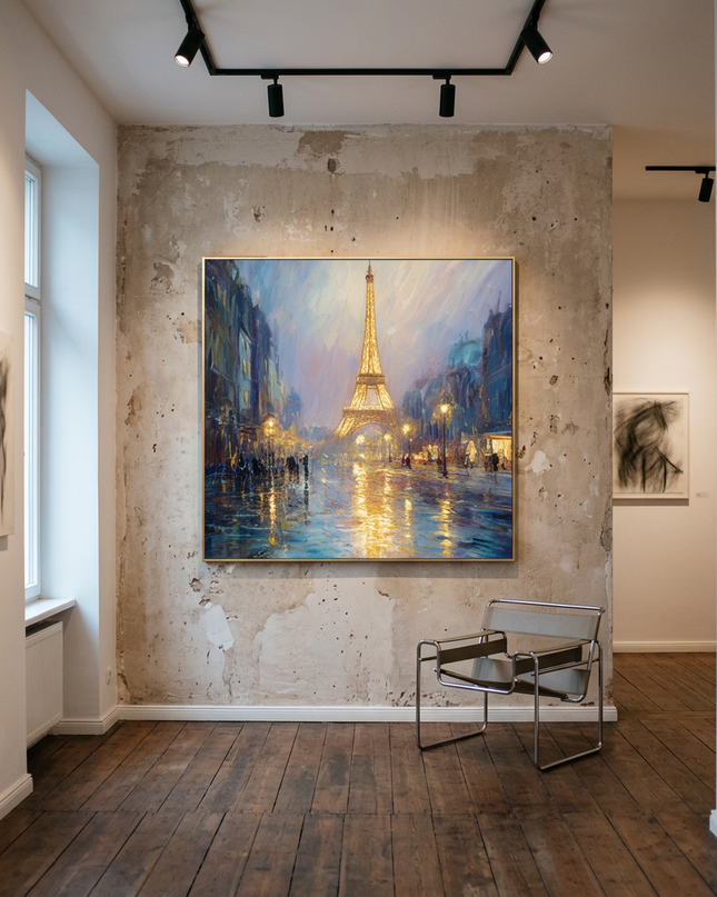 Midnight in Paris original canvas artwork displayed in a contemporary gallery setting