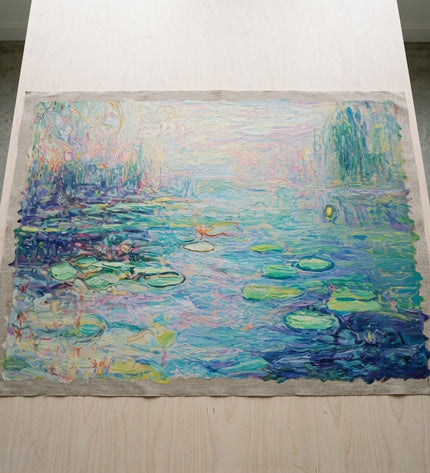 Garden of Reflections hand-painted original as unrolled canvas on studio table, shown without frame