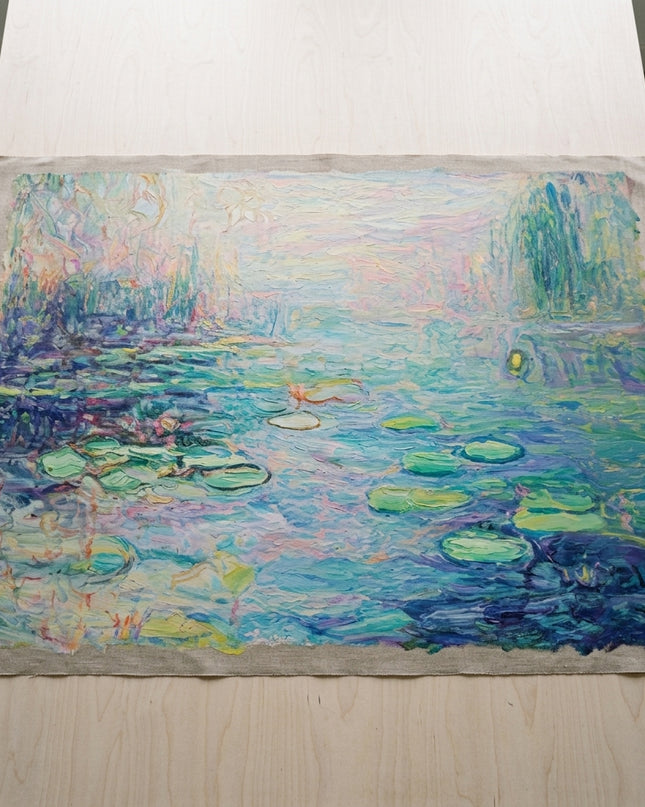 Garden of Reflections hand-painted original as unrolled canvas on studio table, shown without frame