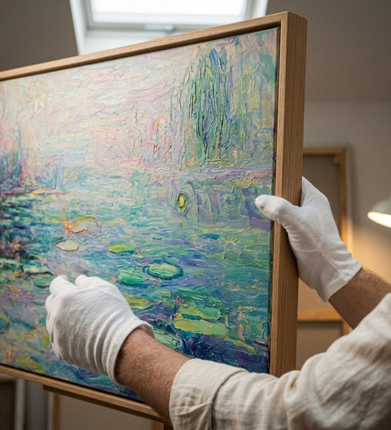 Garden of Reflections original oil painting held by a gallerist with white cotton gloves, water lily impasto close-up