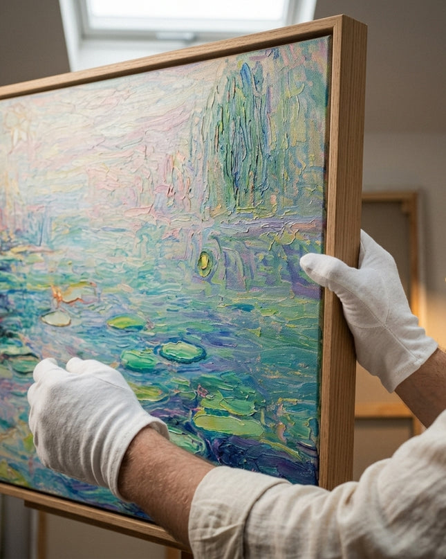 Garden of Reflections original oil painting held by a gallerist with white cotton gloves, water lily impasto close-up