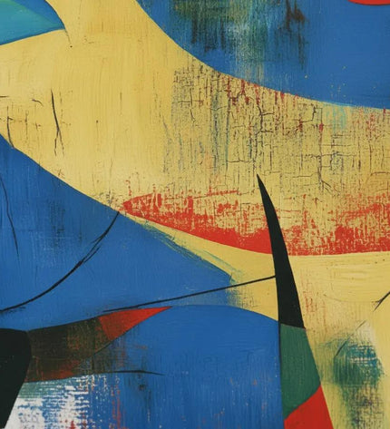 Abstract artwork with blue, yellow, and red colors on a textured surface