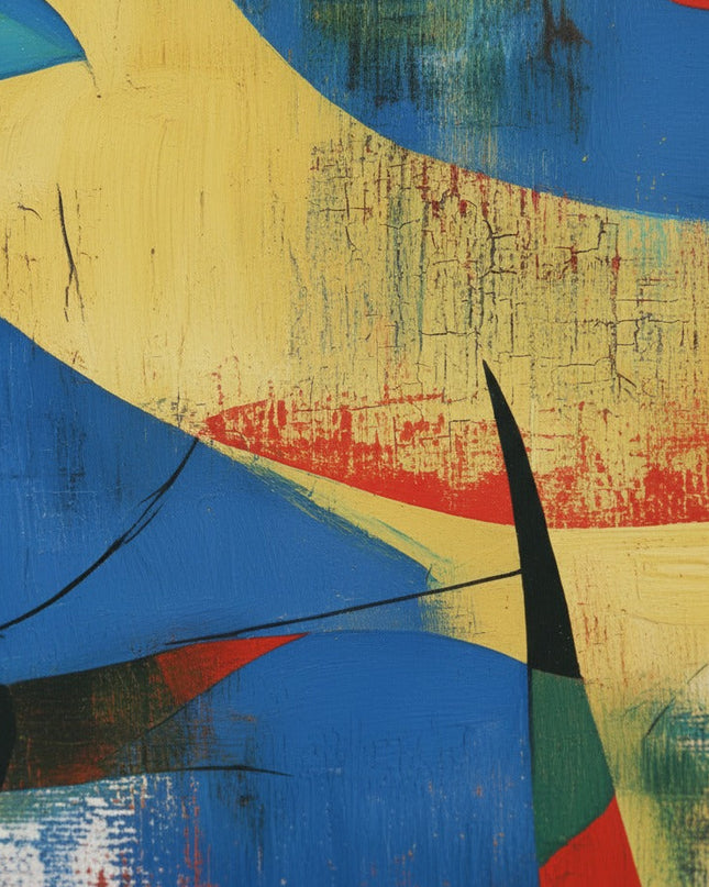 Abstract artwork with blue, yellow, and red colors on a textured surface