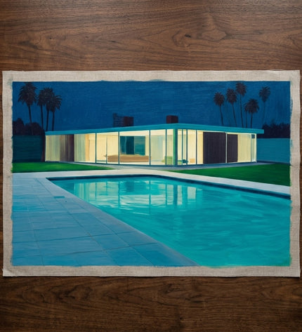 Glass House Dreams shown as an unrolled hand-painted canvas on a dark walnut studio table, variant preview
