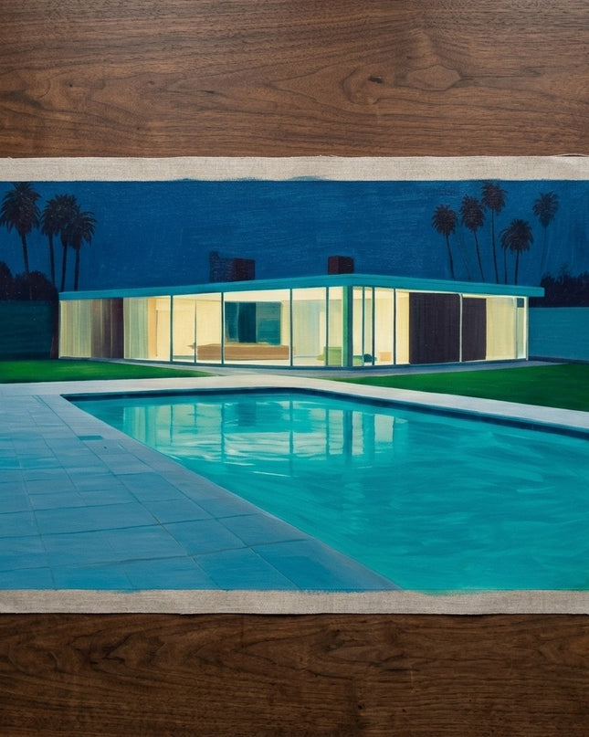 Glass House Dreams shown as an unrolled hand-painted canvas on a dark walnut studio table, variant preview