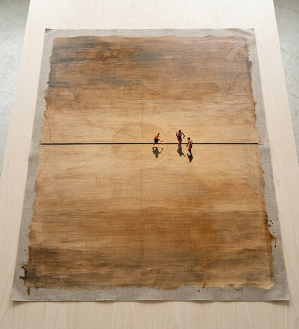 Golden Arena hand-painted original as unrolled canvas on studio table, shown without frame