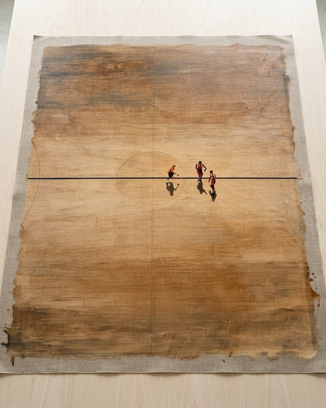 Golden Arena hand-painted original as unrolled canvas on studio table, shown without frame