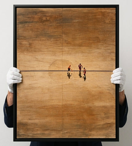 Art handler presenting Golden Arena large format original painting