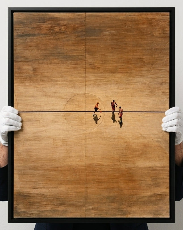 Art handler presenting Golden Arena large format original painting