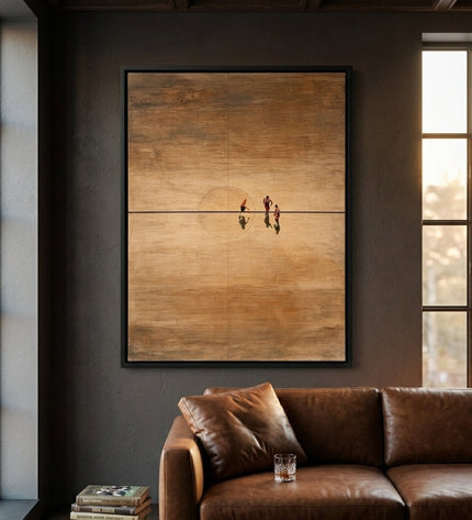 Golden Arena original painting displayed in a modern living room