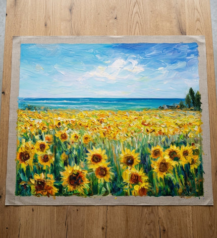 Golden Days hand-painted original as unrolled canvas on studio table, shown without frame